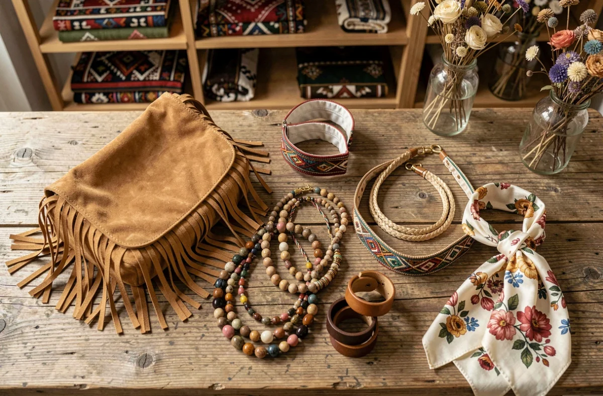 Flat lay d'accessoires bohèmes artisanaux incluant sacs à franges, colliers perlés et foulards fleuris sur bois vieilli
