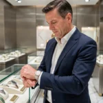 Homme élégant essayant une montre Rolex dans une boutique officielle suisse avec des vitrines de montres de luxe en arrière-plan
