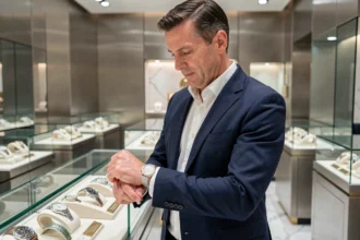 Homme élégant essayant une montre Rolex dans une boutique officielle suisse avec des vitrines de montres de luxe en arrière-plan