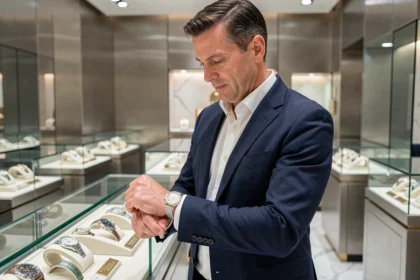 Homme élégant essayant une montre Rolex dans une boutique officielle suisse avec des vitrines de montres de luxe en arrière-plan