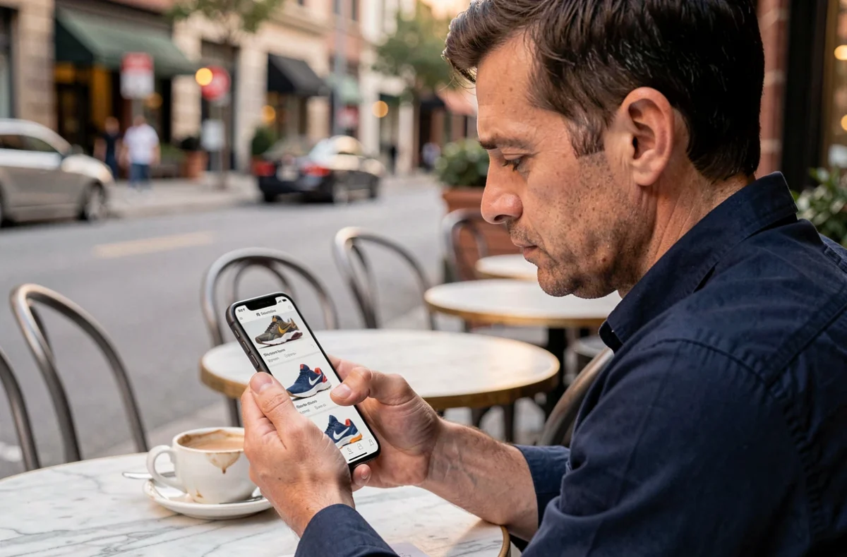 Homme consultant une annonce de Nike Shox Supreme d'occasion sur son smartphone dans un café, hésitant face aux risques d'achat en ligne