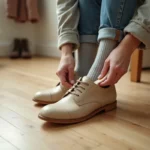 Femme insérant une semelle en mousse dans une chaussure en cuir trop grande pour adapter la pointure