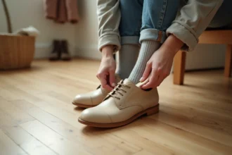 Femme insérant une semelle en mousse dans une chaussure en cuir trop grande pour adapter la pointure