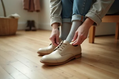 Femme insérant une semelle en mousse dans une chaussure en cuir trop grande pour adapter la pointure