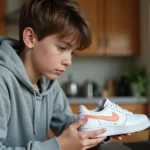 Adolescent inspectant une paire de baskets Nike contrefaites à la maison pour en vérifier l'authenticité