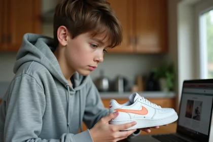 Adolescent inspectant une paire de baskets Nike contrefaites à la maison pour en vérifier l'authenticité
