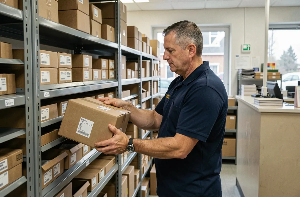 Agent postal déposant un colis retourné non récupéré dans un bureau de poste avec des étagères de tri en arrière-plan