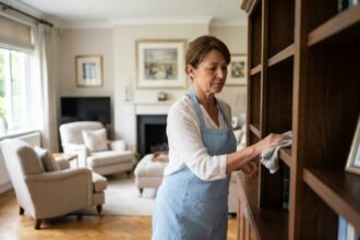 Aide ménagère à domicile faisant le ménage dans un salon moderne à Serris