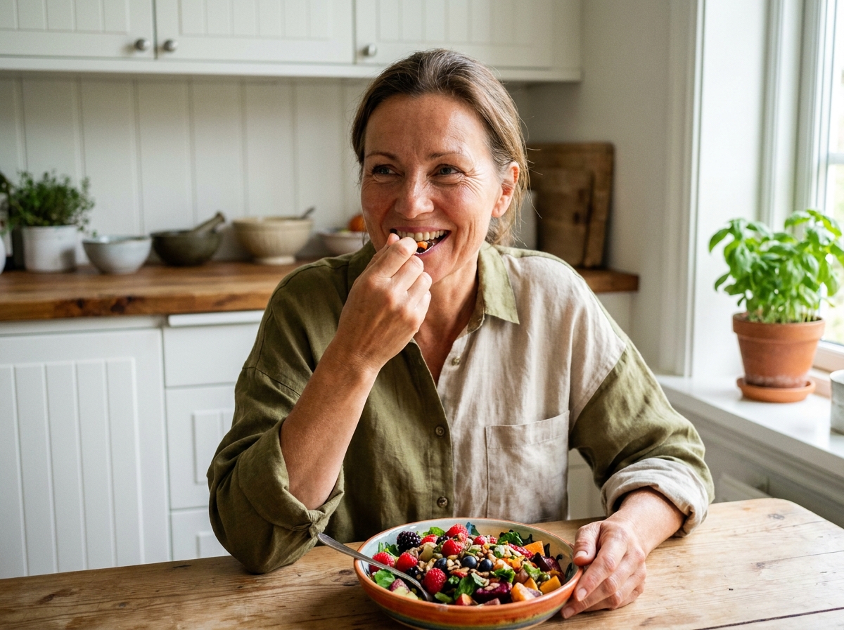 Femme de 52 ans savourant un repas équilibré riche en nutriments dans une cuisine moderne, illustrant le lien entre alimentation et fermeté de la peau