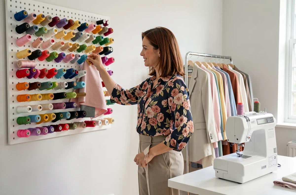 Couturière d'Ann'Mode organisant des fils et tissus dans son studio de couture contemporain