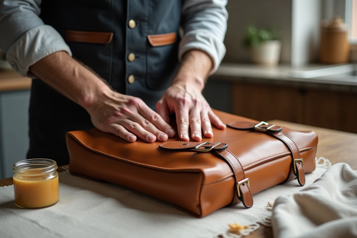Mains masculines appliquant du cuir gras sur une sacoche en cuir naturel posée sur une table en lin