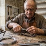 Artisan lunetier français âgé ajustant une monture en acétate dans un atelier traditionnel du Jura