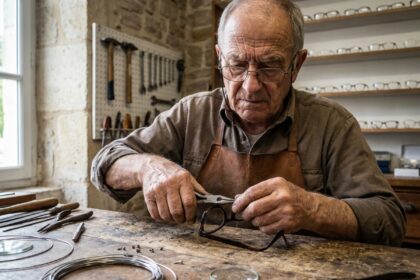Artisan lunetier français âgé ajustant une monture en acétate dans un atelier traditionnel du Jura