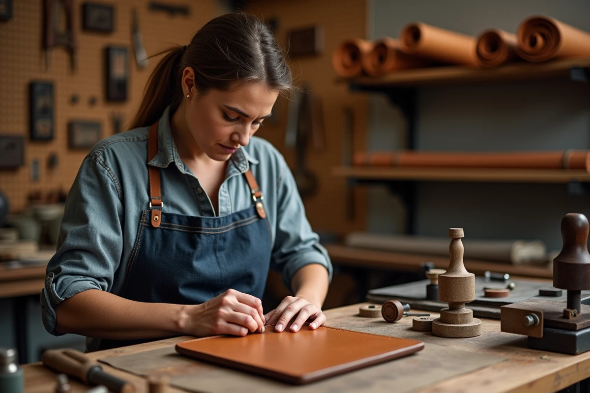 Artisane spécialisée en maroquinerie gravant un portefeuille en cuir caramel avec un outil à embosser dans son atelier