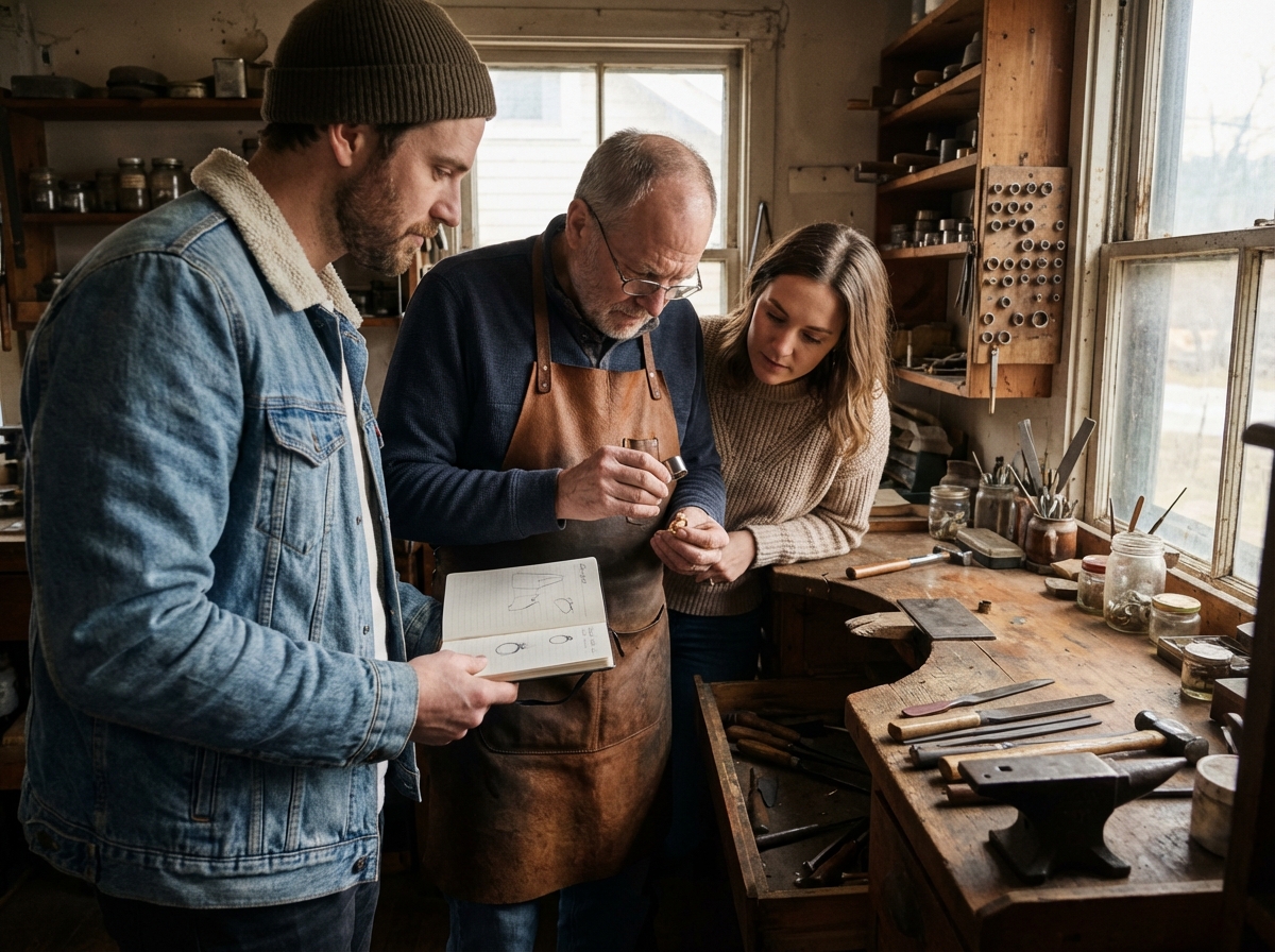 Couple et artisan dans un atelier de joaillerie vintage