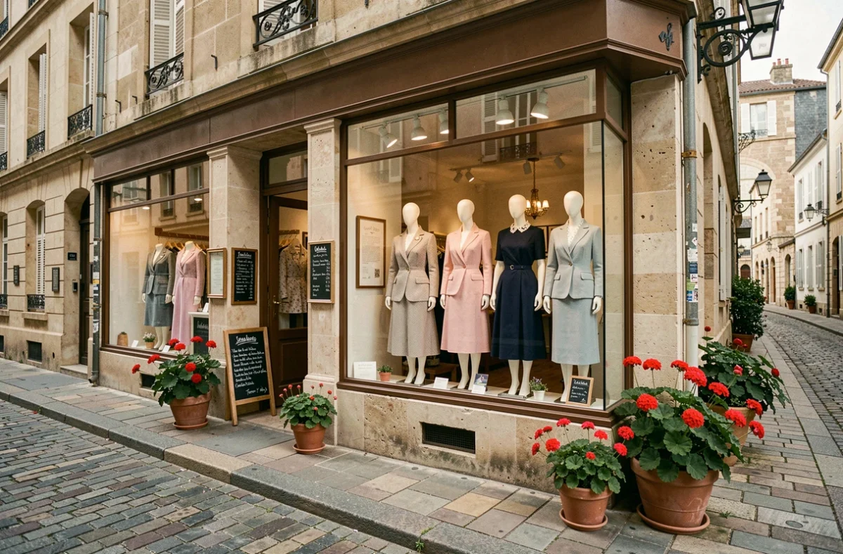Façade charmante de la boutique Au Bonheur Des Dames avec devanture et mannequins habillés