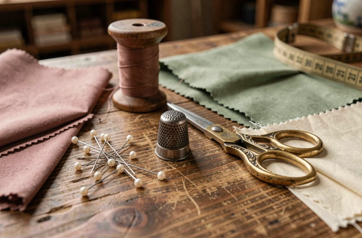 Outils de couture artisanaux avec dé à coudre, épingles et tissus sur table en bois chez Au Dé À Coudre