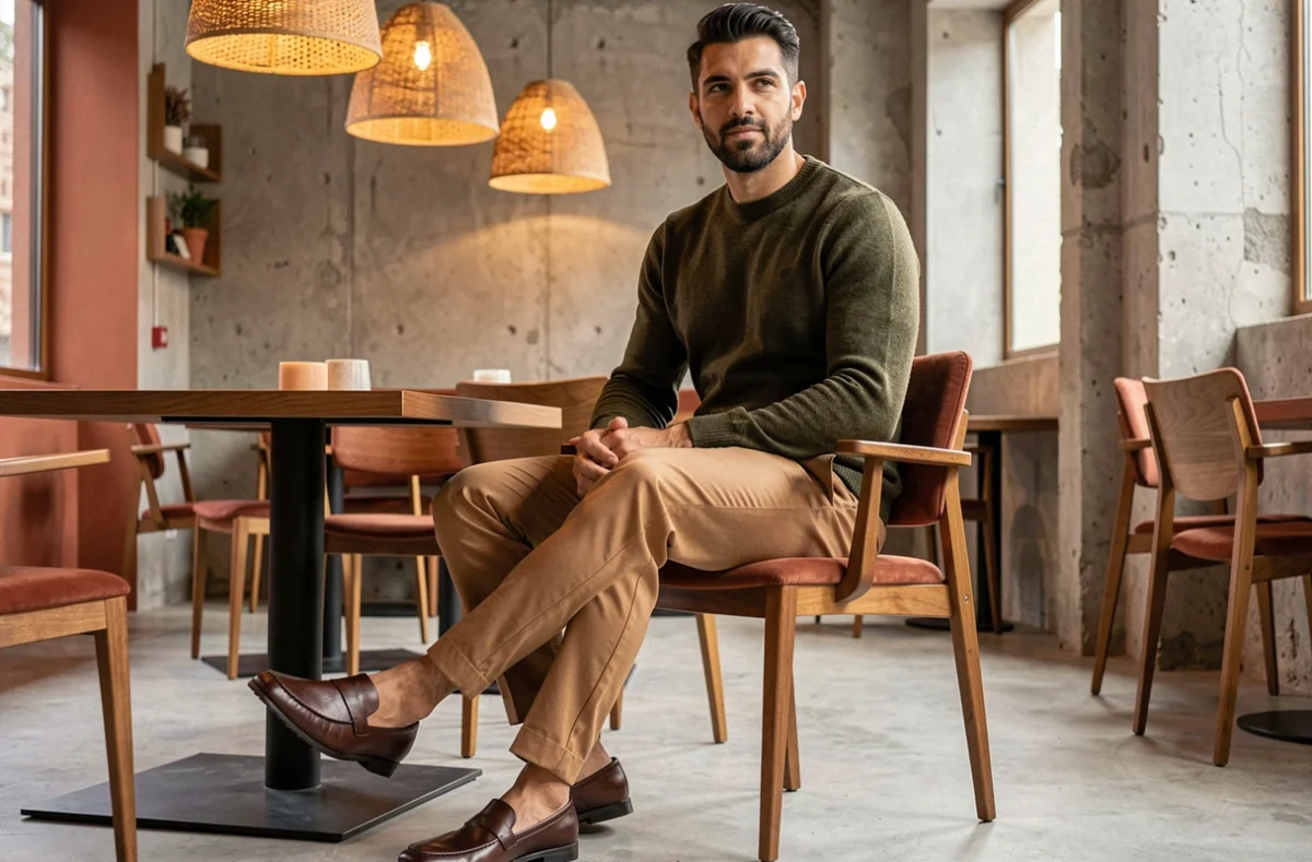 Homme marocain élégant en babouches marron et tenue casual chic dans un café contemporain à décor berbère