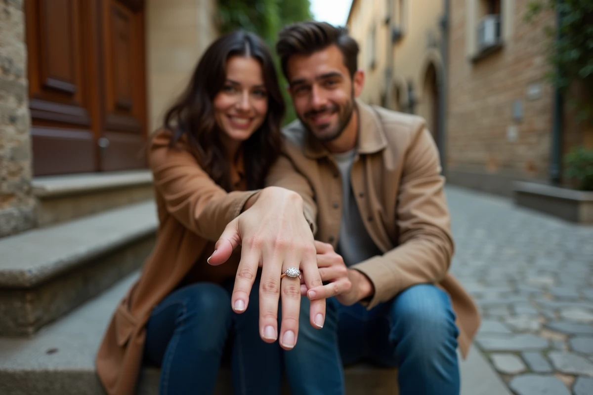 Couple tenant une main ornée d'une bague de fiançailles solitaire devant une façade en pierre européenne