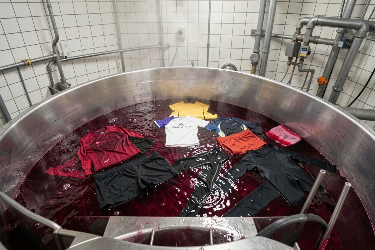 Vêtements de sport en polyester immergés dans un bain de teinture rouge en atelier industriel