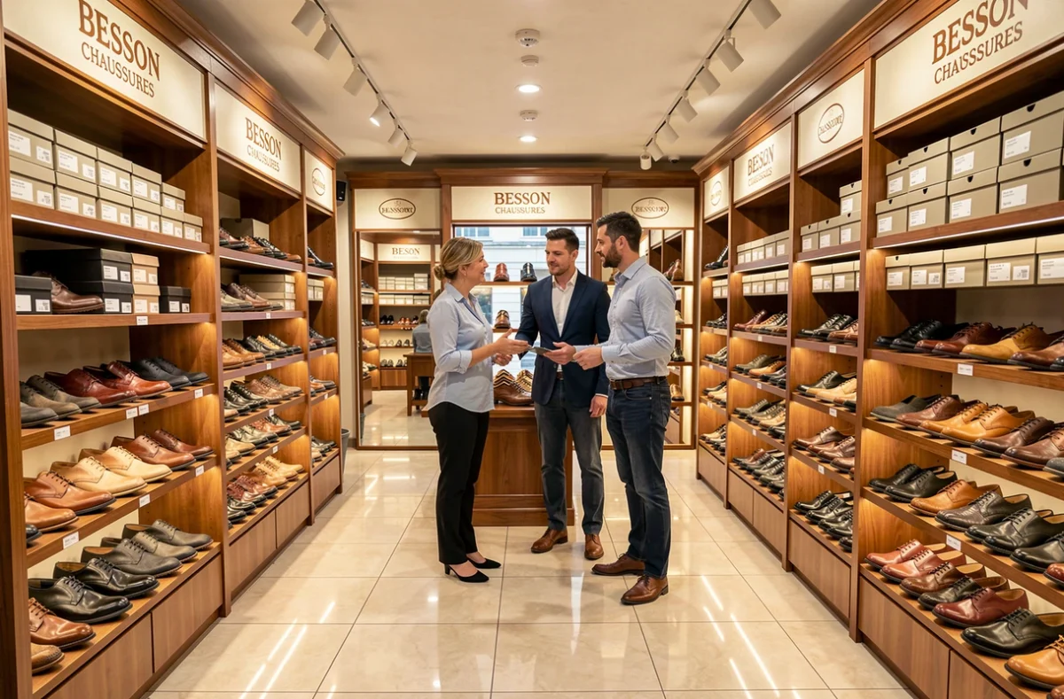Intérieur d'un magasin Besson Chaussures avec une vendeuse guidant un couple dans le rayon chaussures habillées en cuir