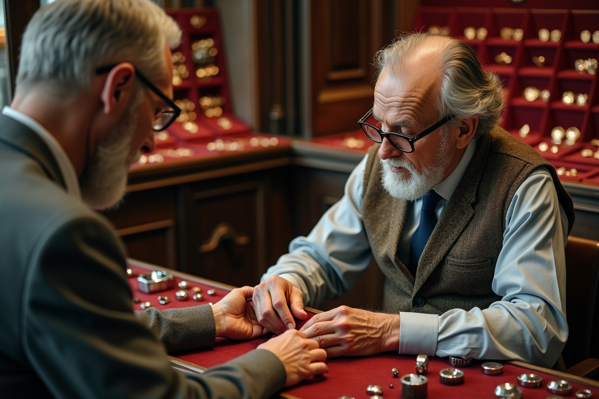 Bijoutier ancien mesurant un anneau avec un calibre