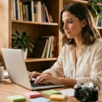 Femme blogueuse travaillant sur son ordinateur portable dans un bureau à domicile chaleureux entouré de carnets et de plantes