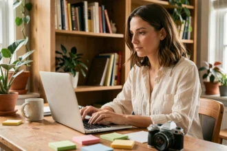 Femme blogueuse travaillant sur son ordinateur portable dans un bureau à domicile chaleureux entouré de carnets et de plantes