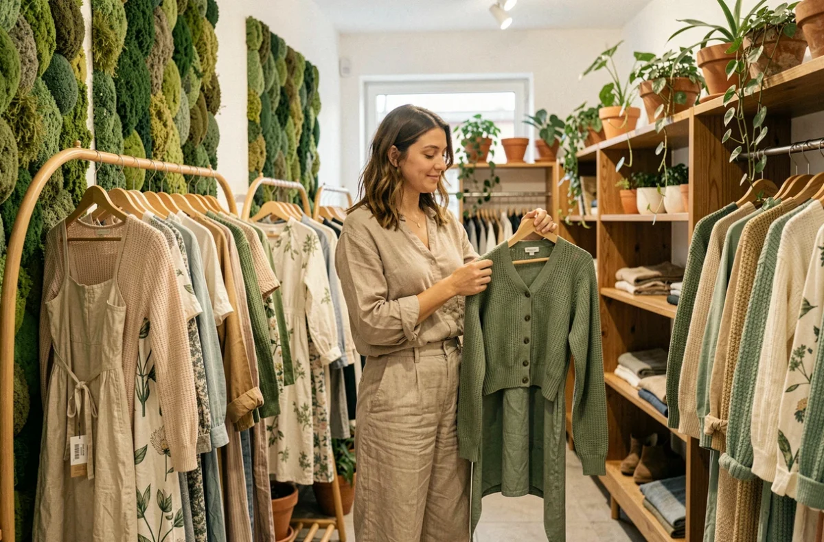 Une femme choisit un cardigan en maille vert sauge dans la boutique Bloom Seconde Main à Lyon, espace éco-responsable aux accents botaniques et naturels