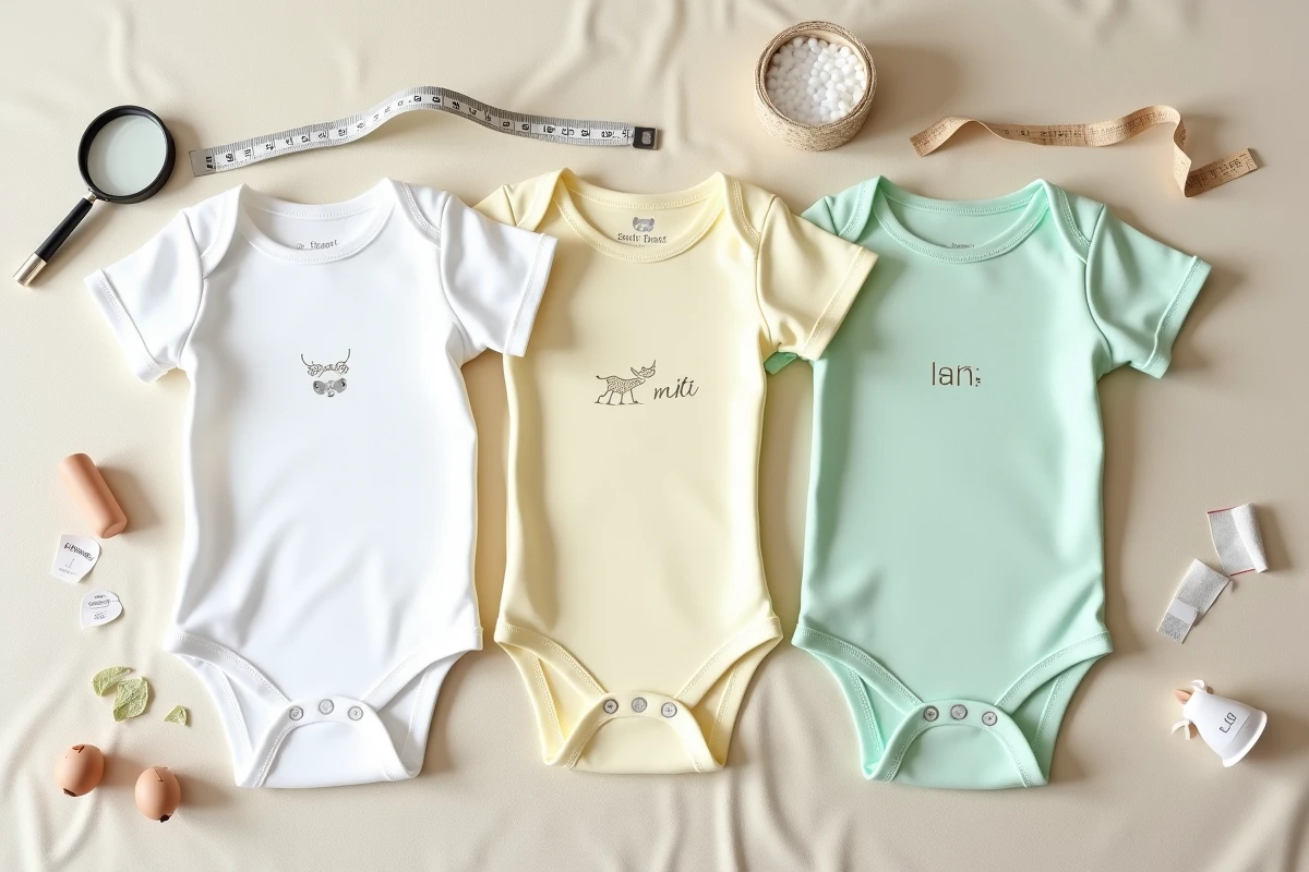 Flat lay de trois bodies bébé personnalisés avec différents motifs imprimés, inspection qualité et comparaison des finitions