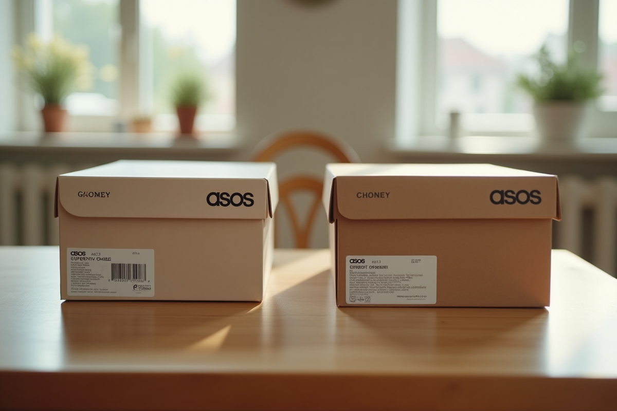 Deux boîtes à chaussures Asos côte à côte sur une table en bois