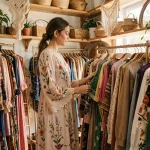 Femme en robe bohème fleurie feuilletant des vêtements dans une boutique hippie chic décorée de macramé et plantes vertes
