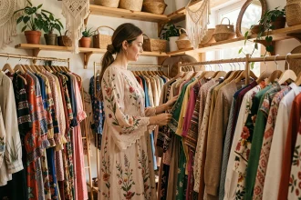 Femme en robe bohème fleurie feuilletant des vêtements dans une boutique hippie chic décorée de macramé et plantes vertes