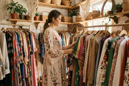 Femme en robe bohème fleurie feuilletant des vêtements dans une boutique hippie chic décorée de macramé et plantes vertes