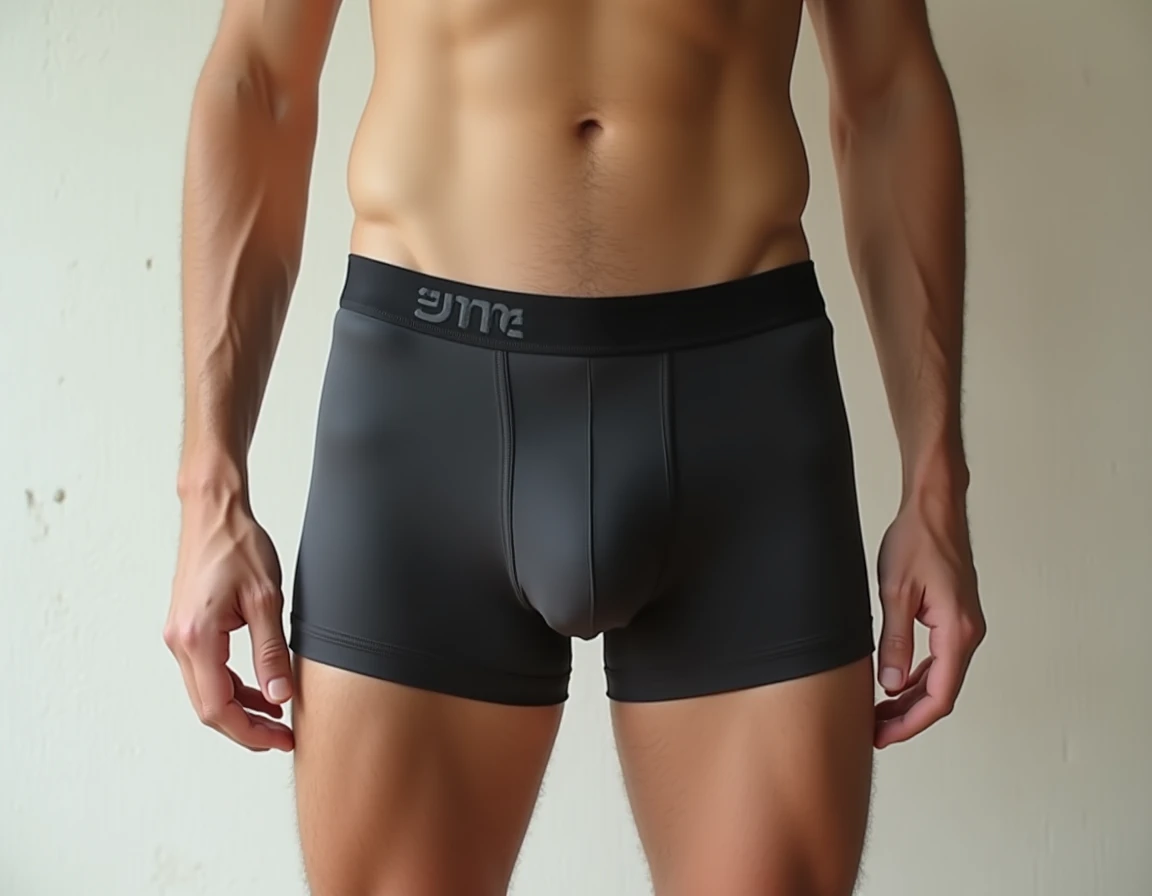 Gros plan sur un boxer kangourou noir pour homme montrant les détails de construction de la poche anatomique et de la ceinture large