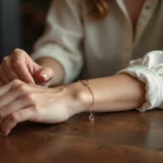 Femme portant un bracelet d'amour en or fin au poignet dans un café chaleureux