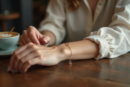 Femme portant un bracelet d'amour en or fin au poignet dans un café chaleureux