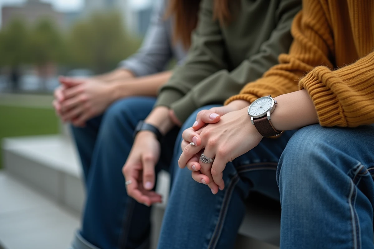 Trois amis portant chacun une version du même bracelet en argent fin stylisé différemment, assis sur des marches en béton dans un parc urbain