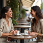 Deux femmes portant des bracelets assortis en or minimaliste attablées dans un café parisien, style élégant et décontracté