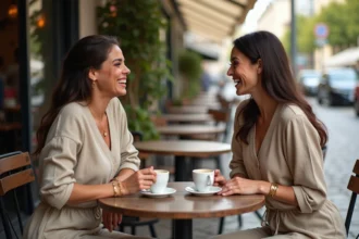 Deux femmes portant des bracelets assortis en or minimaliste attablées dans un café parisien, style élégant et décontracté