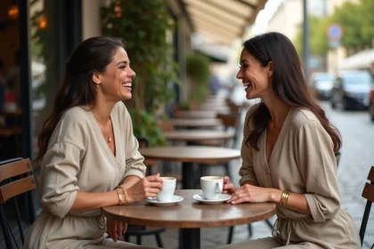 Deux femmes portant des bracelets assortis en or minimaliste attablées dans un café parisien, style élégant et décontracté