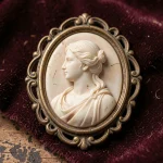 Broche camée antique en coquillage représentant un profil féminin classique sur fond de velours bordeaux
