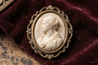 Broche camée antique en coquillage représentant un profil féminin classique sur fond de velours bordeaux