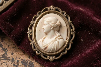 Broche camée antique en coquillage représentant un profil féminin classique sur fond de velours bordeaux