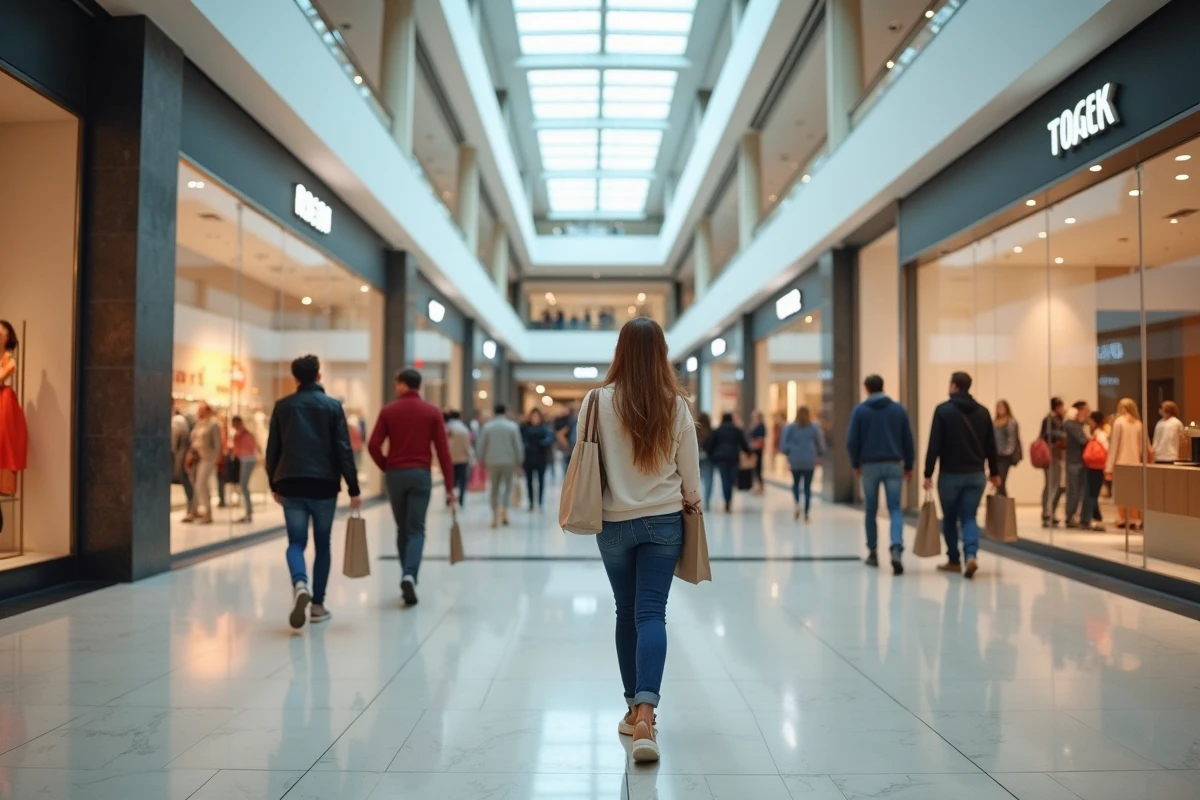 Intérieur d'un centre commercial moderne en France avec des galeries marchandes et des visiteurs