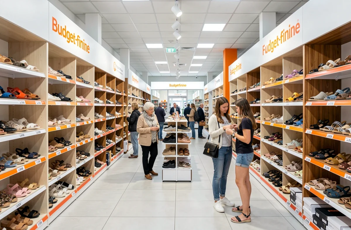 Intérieur spacieux d'un magasin Chaussea avec de larges allées, des rayonnages remplis de chaussures et des clients qui comparent des modèles