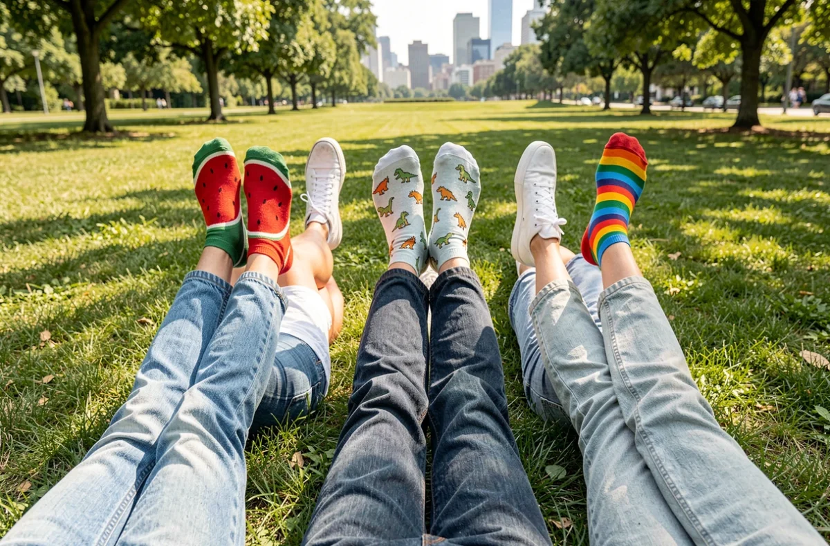 Trois amis allongés dans un parc avec les jambes en l'air portant des chaussettes rigolotes imprimées pastèques, dinosaures et arc-en-ciel