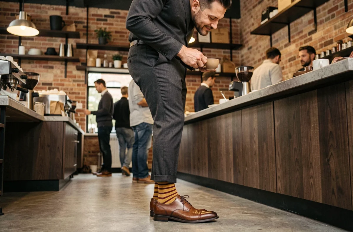 Homme élégant au café avec des chaussettes rayées moutarde et bordeaux sous un pantalon tailleur gris et des chaussures Oxford en cuir