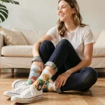 Jeune femme assise sur un parquet avec des chaussettes rigolotes imprimées de chats colorés et des baskets blanches