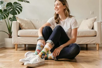 Jeune femme assise sur un parquet avec des chaussettes rigolotes imprimées de chats colorés et des baskets blanches